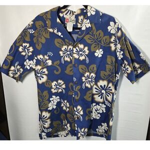 Hilo Hattie Hawaiian Shirt Mens L Large Lg L Cotton Blue‎ Floral Flowers Leaves